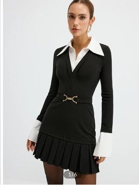 Commense Contrast Shirt Paneled Belted Pleated Mini Dress NWT